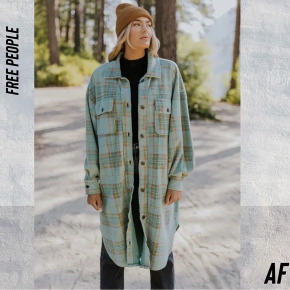 FREE PEOPLE LONG RUBY PLAID JACKET IN GREEN COMBO NEW LARGE - Picture 3 of 8